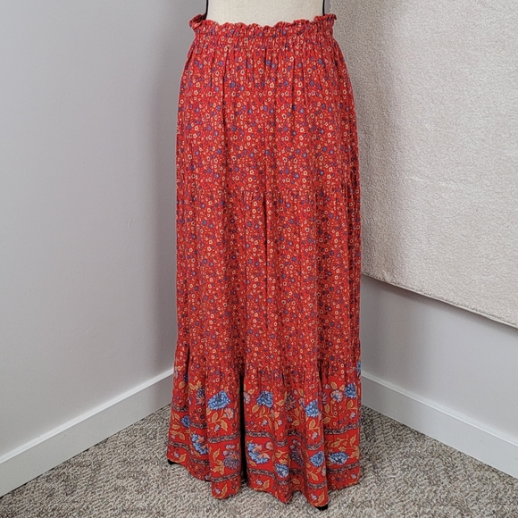 Meroketty Red Crimson Floral Boho Western Rayon Blend Tiered Maxi Skirt Sz M NEW - Picture 4 of 13